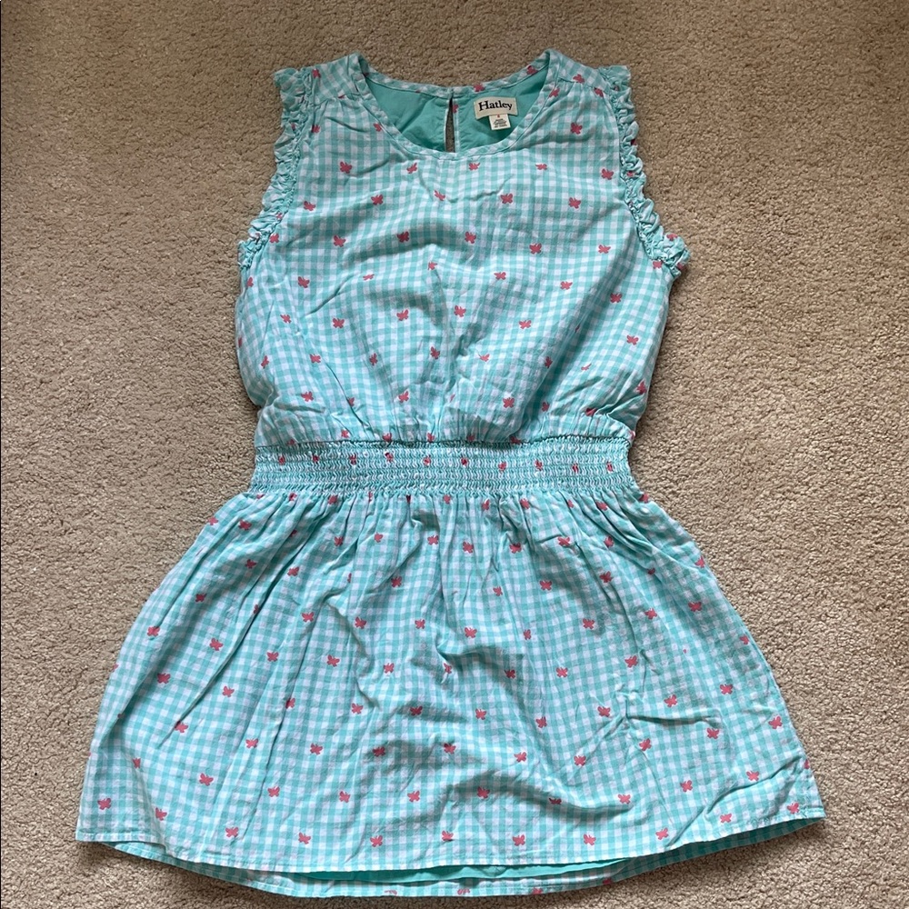 Hatley Aqua Gingham Sleeveless Dress with Pink Floral Print
